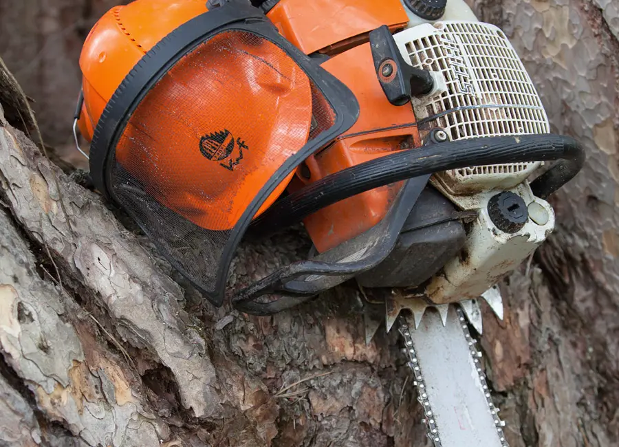 Eine professionelle Stihl-Kettensäge und ein Forsthelm mit KWF-Prüfsiegel auf einem Baumstamm bei Göschlholz.